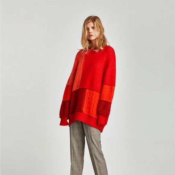Zara Sweaters Zara Knit Red Orange Patchwork Cable Knit